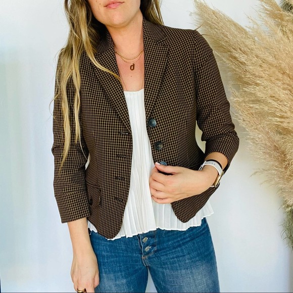 NINE WEST Brown Tan Checkered Print Button Front Work Cropped Jacket Blazer 8